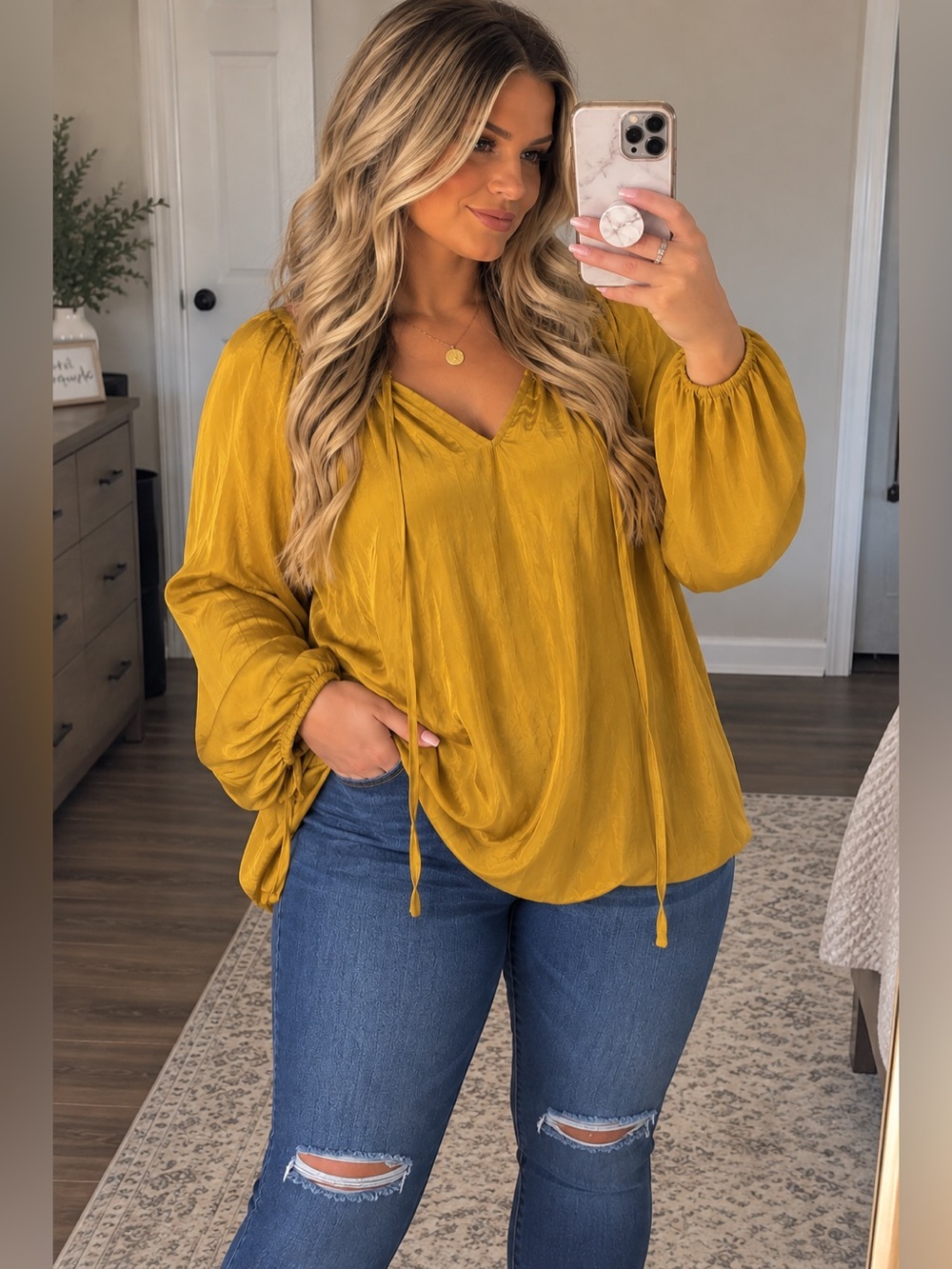 Silk Mustard V-Neck Long Sleeve Satin Blouse